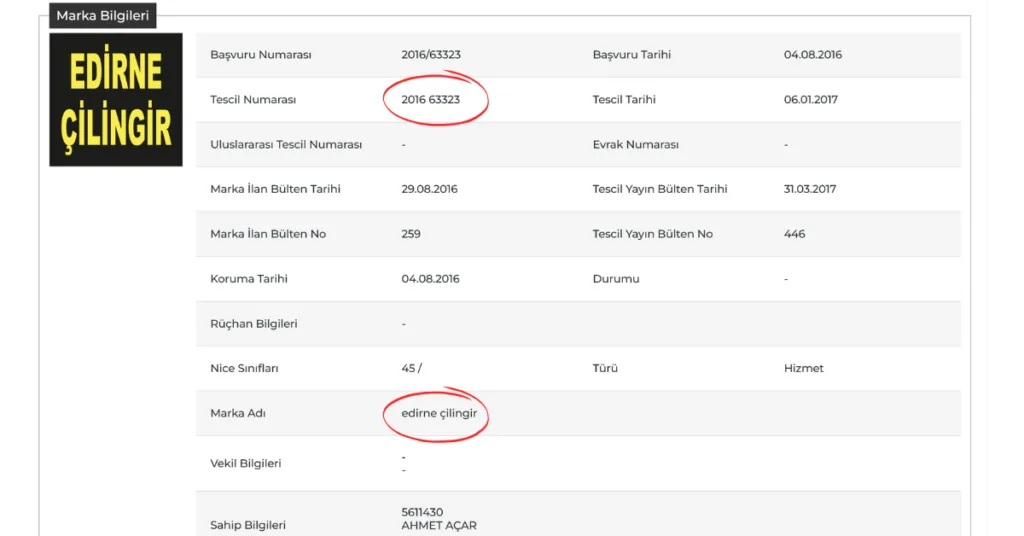 edirne çilingir ifadesinin marka tescili ispatı